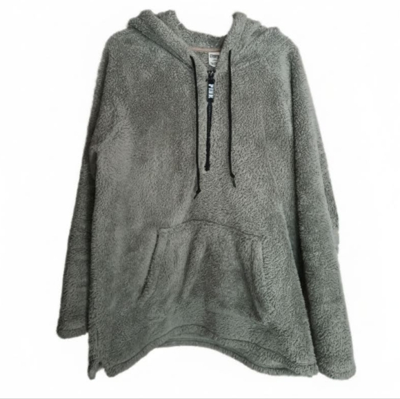 PINK Victoria's Secret Olive Green Sherpa Hoodie- Half Zip Pullover - Picture 1 of 5